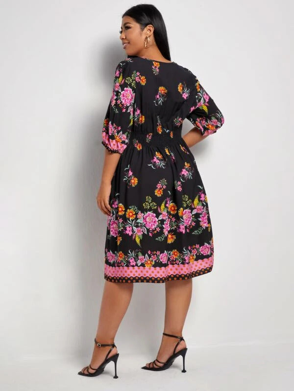 Floral Print Shirred Waist A-line Dress ...